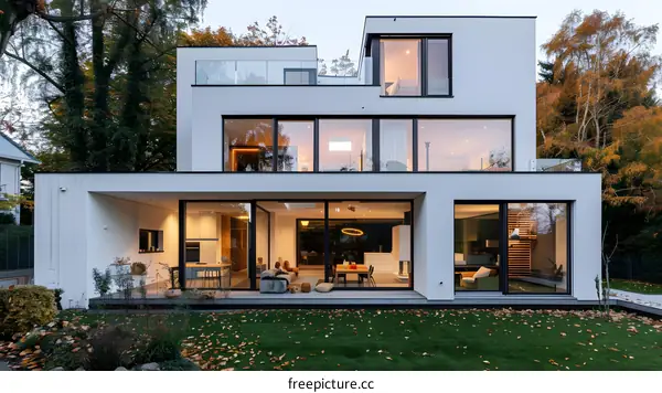 Modern White House with Large Windows and  Autumn Foliage