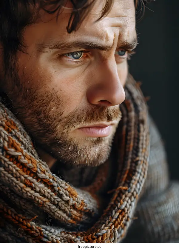 Closeup Portrait of Man with Blue Eyes and Beard Wearing Knit Scarf