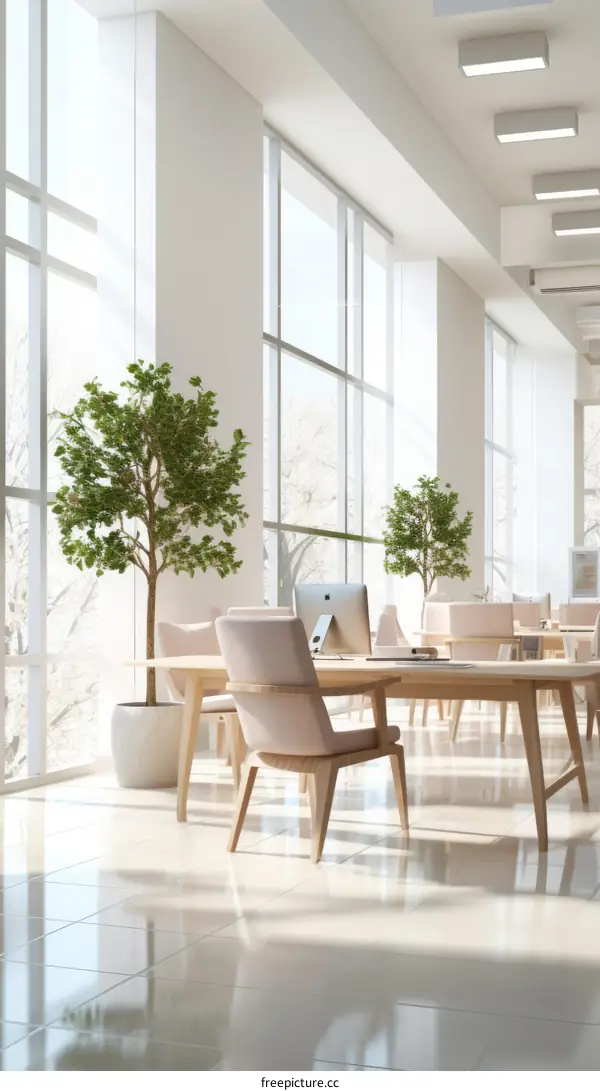 Bright and Airy Office Space with Large Windows and Plants