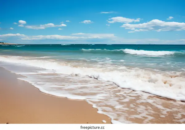Gentle waves lap the sandy shore under a cerulean sky