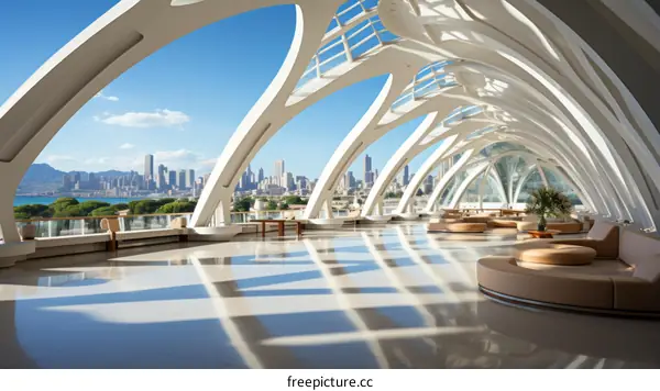 Modern architecture, bright spacious interior space with large windows