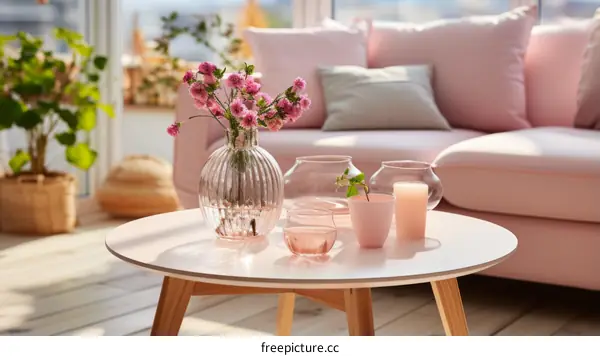 Elegant pink living room interior with flowers in glass vase on round table by sofa