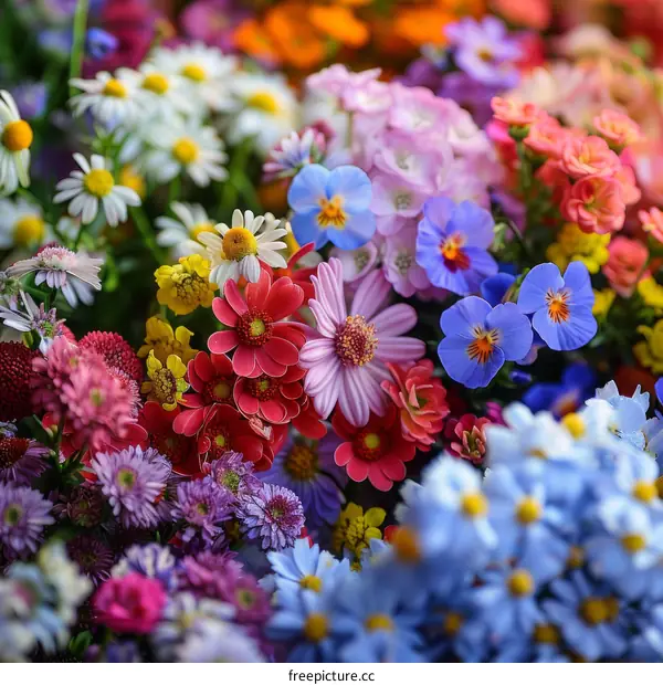 A variety of colorful flowers of different species are in full bloom.
