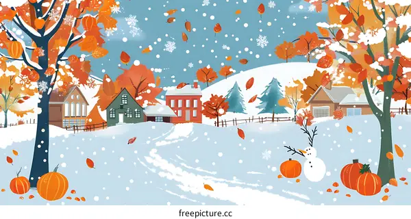 Winter Wonderland Village Scene with Snowman and Pumpkins