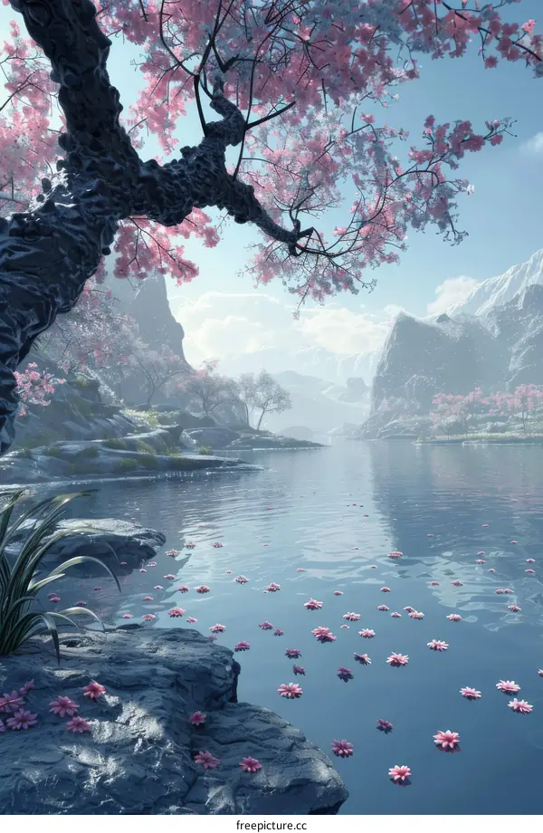 Tranquil Mountain Lake with Pink Blossoms