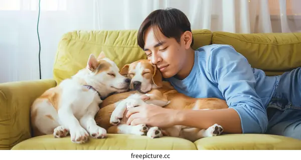 A young man is lying on a couch with two dogs sleeping on him
