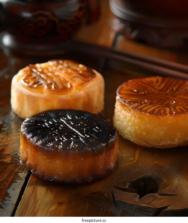 Closeup of Three Mooncakes on Wooden Table