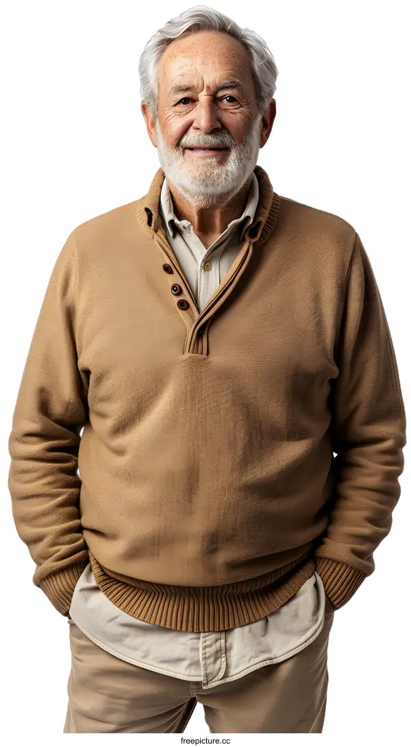 [Transparent Background PNG]Smiling Senior Man Wearing Brown Sweater