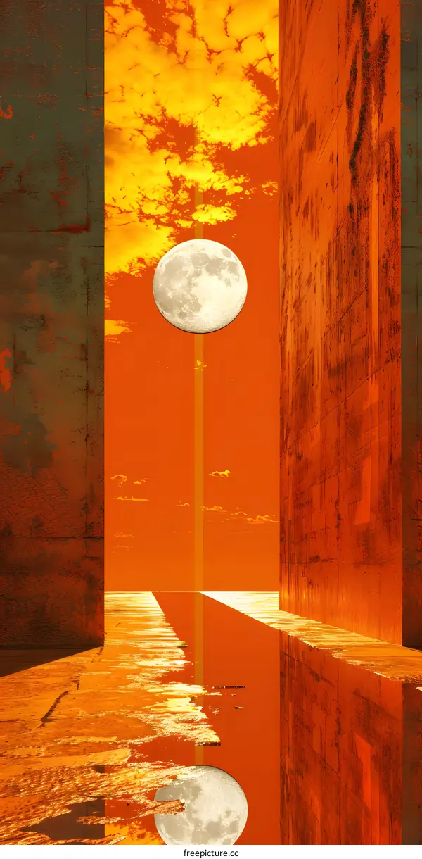 Abstract Moon Reflection in Orange Sky