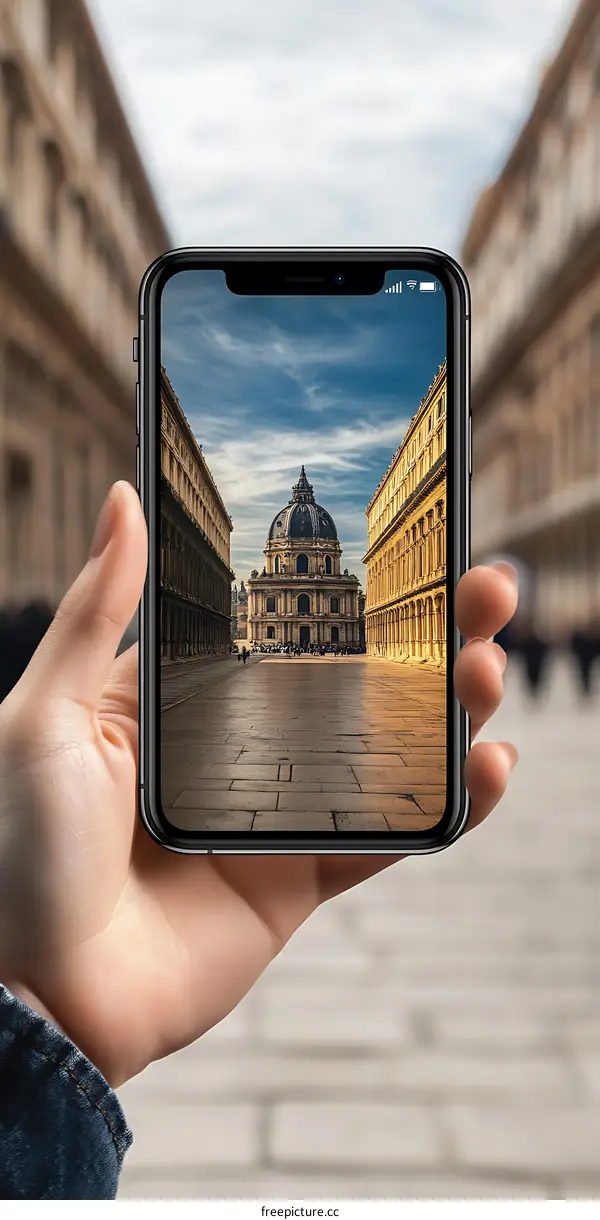 Hand Holding Phone Showing Beautiful European Cityscape