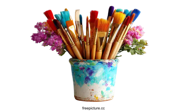 [Transparent Background PNG]Colorful Paintbrushes in a Decorative Pot