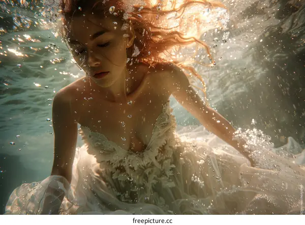 Woman in White Dress Floating Underwater