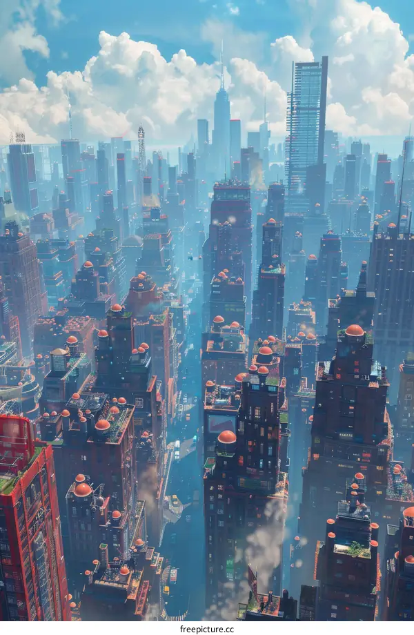 Futuristic Cityscape with Towering Buildings and a River Flowing Through the Center