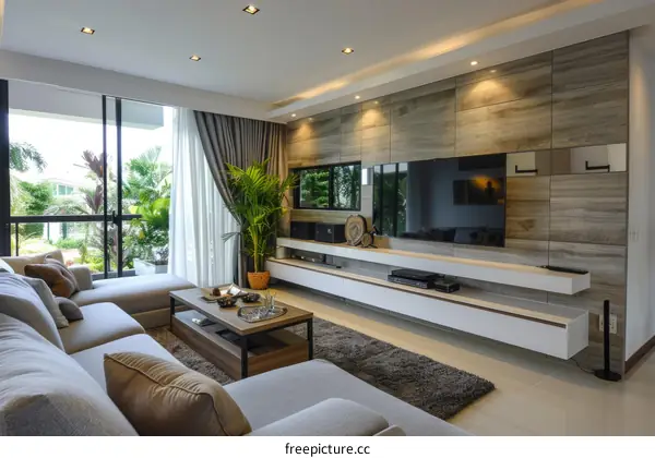 Modern and minimalist living room design with large windows and a focus on natural light