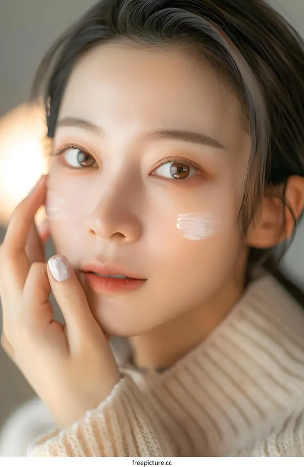 Close Up Portrait of Asian Woman Applying Cream on Face