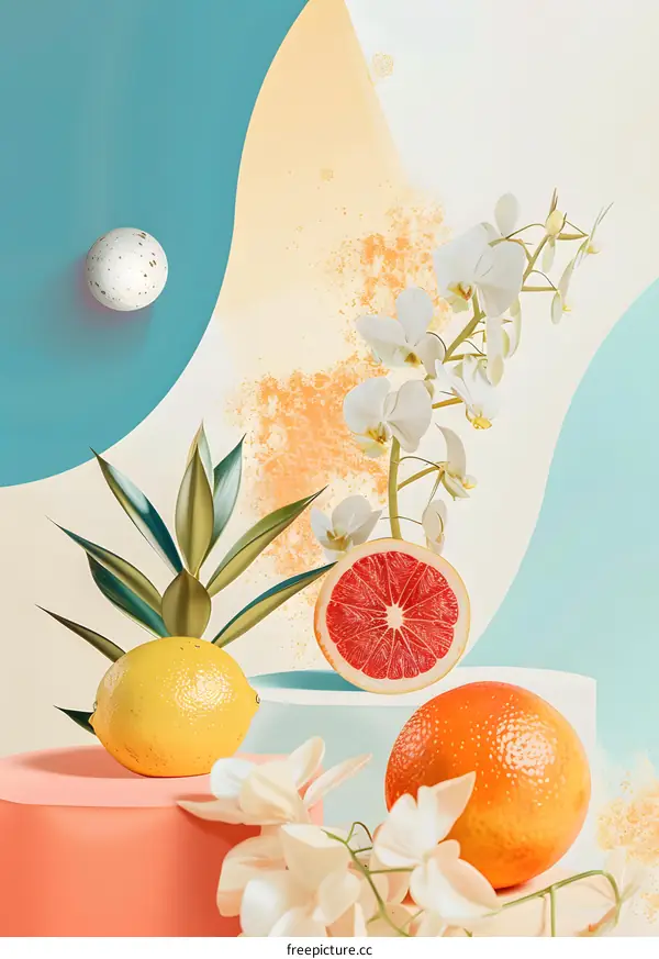 Abstract Minimalist Still Life with Fruit and Flowers