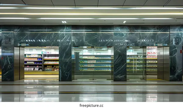 Modern Green Marble Interior with Glass Doors and Shelving