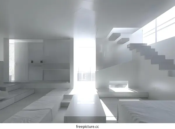 Minimalist White Interior Design with Stairs and Sunlight