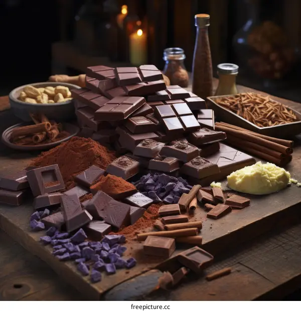 Still life of chocolate bars and cocoa powder with spices