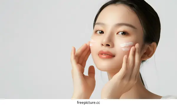 Asian Woman Applying Cream on Face Skin Care