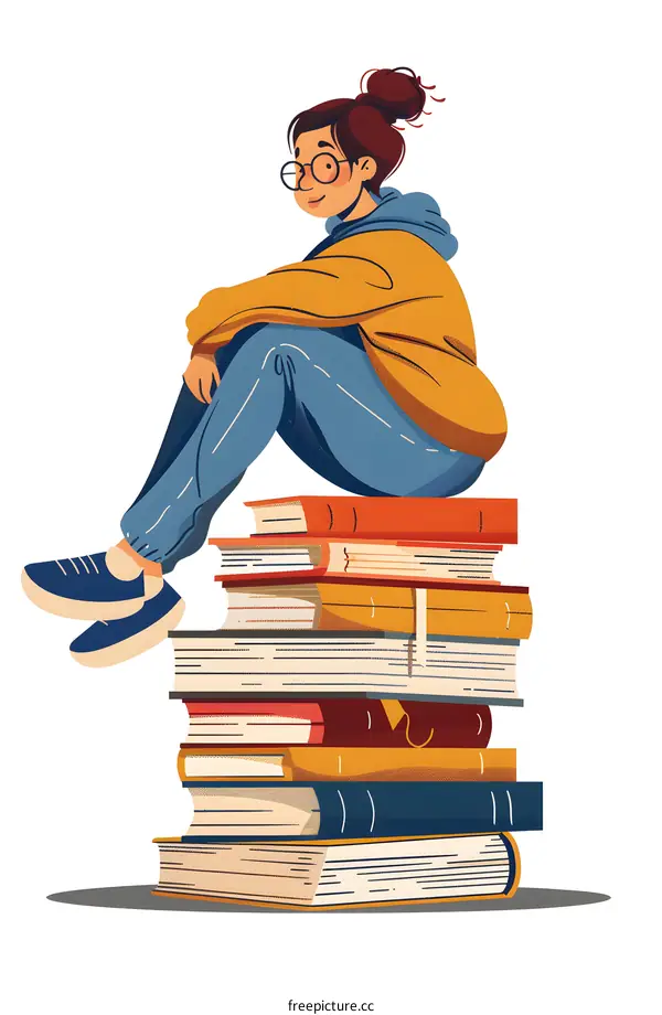 Young Woman Sitting on Stack of Books Illustration