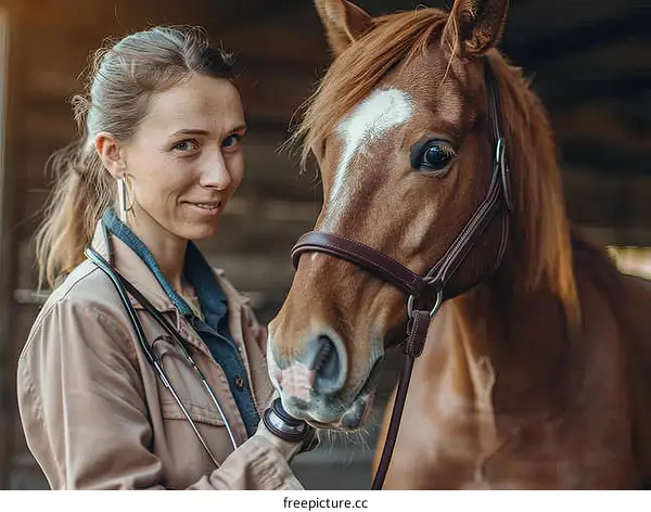 A veterinarian is examining a horse in a barn