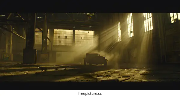 Vintage Car in Abandoned Warehouse with Sunbeams