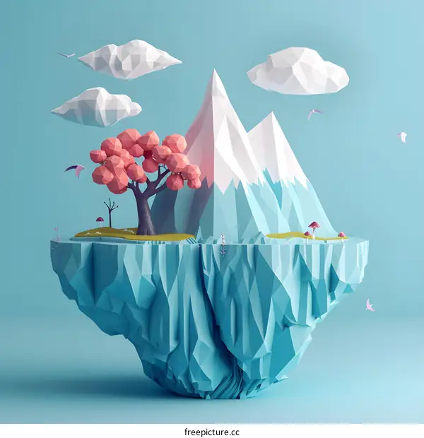 floating island with pink tree and mountains