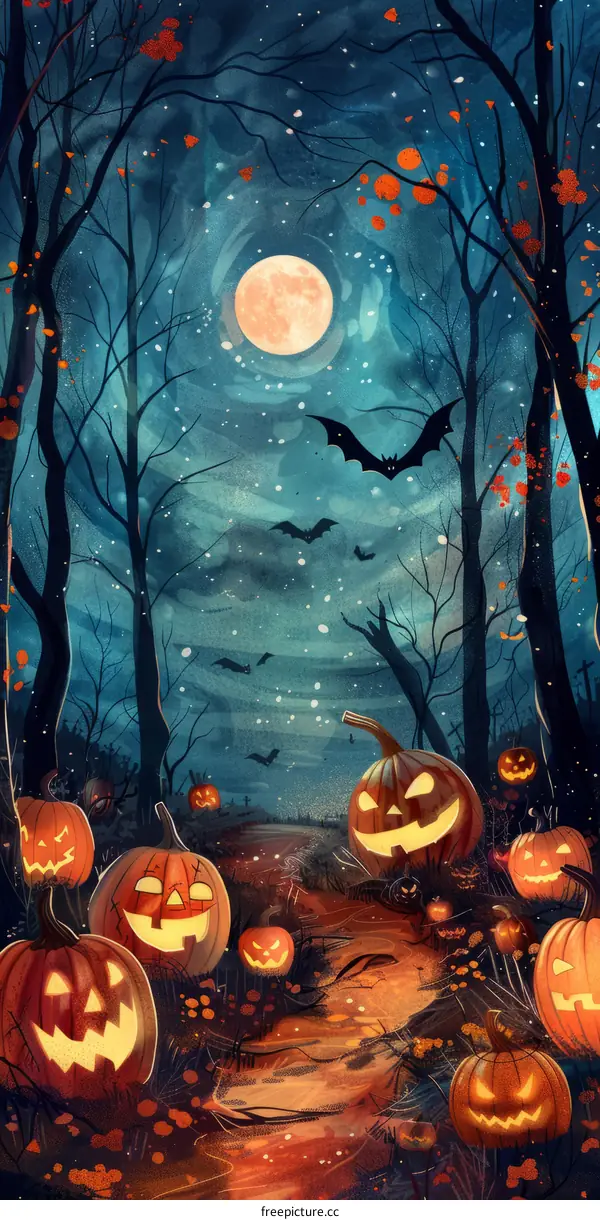 Spooky Moonlit Forest Path with Pumpkins