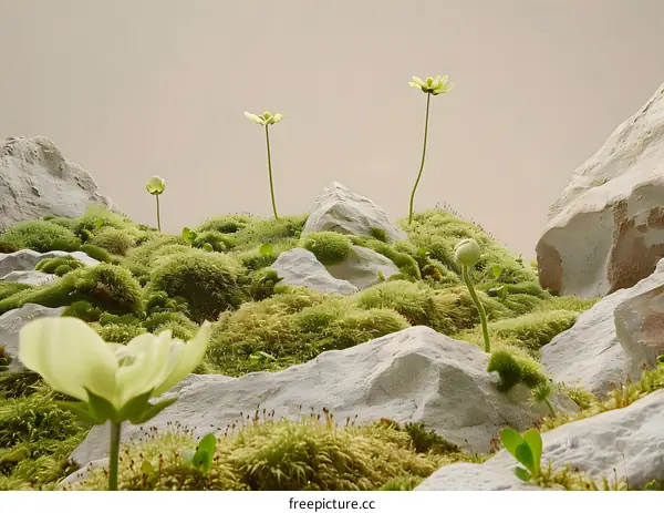 Close Up of Moss and Flowers Growing on Rocks