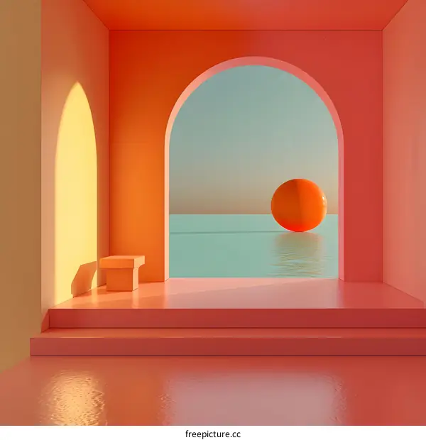 Minimalist interior with podium and ocean view