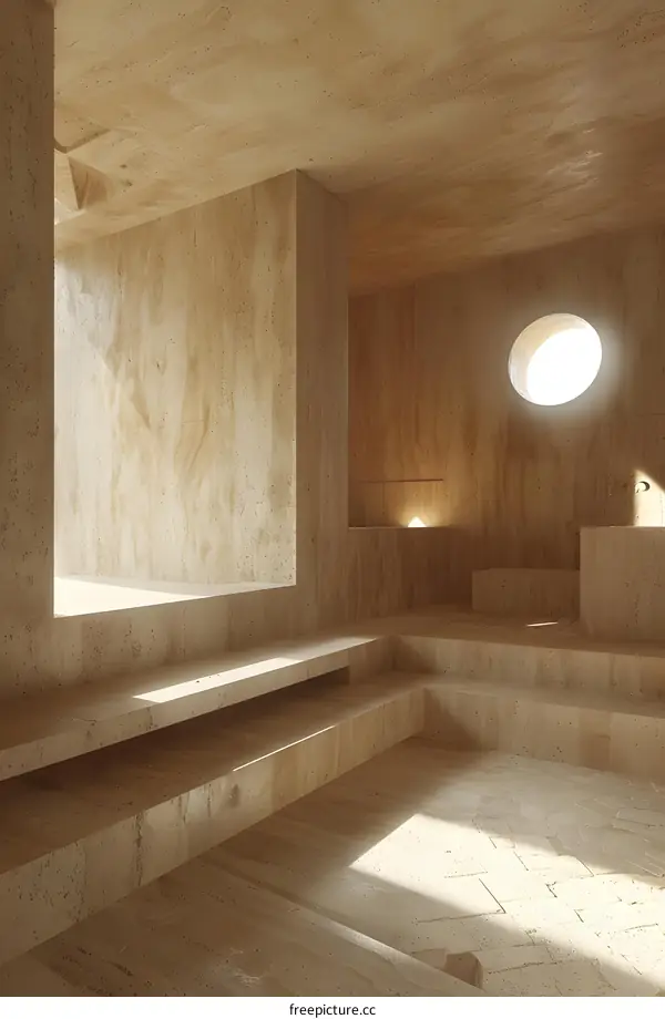 a minimalist room with a round window