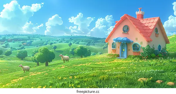 Pink house in a green field with two sheeps