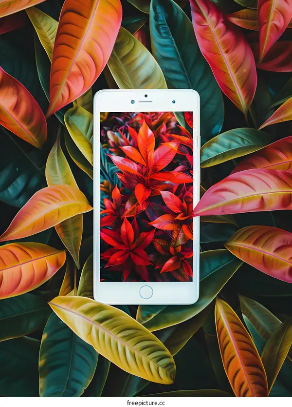 White Smartphone Surrounded By Vibrant Green and Red Leaves