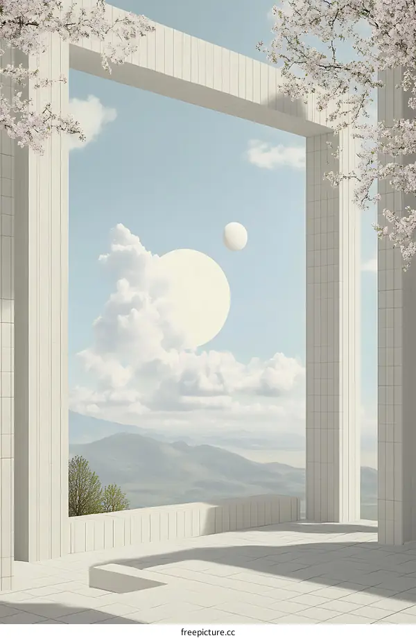 Minimalist Architecture with White Columns and a View of Mountains and Sky