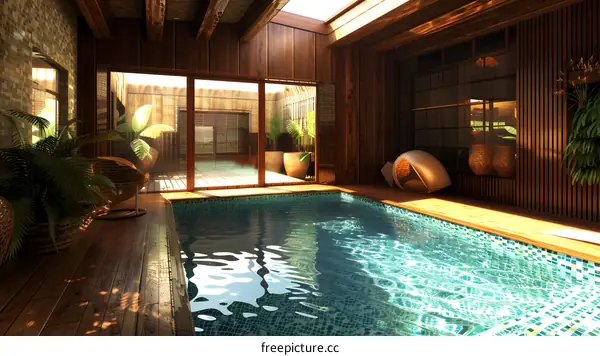 Modern Swimming Pool Design With Wooden Beams And Tropical Plants