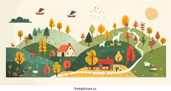 Autumn Landscape With Animals