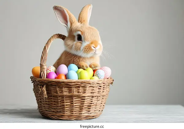 Cute Easter Bunny in a Basket with Eggs