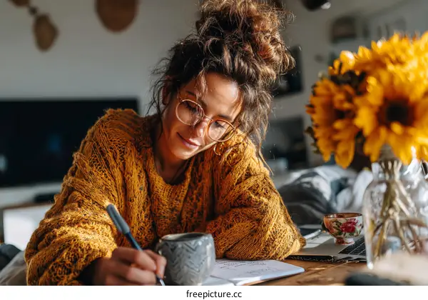 Woman Writing in a Journal in a Cozy Home