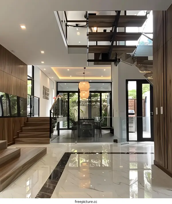 Modern House Interior Design with Wooden Staircase and Marble Floor
