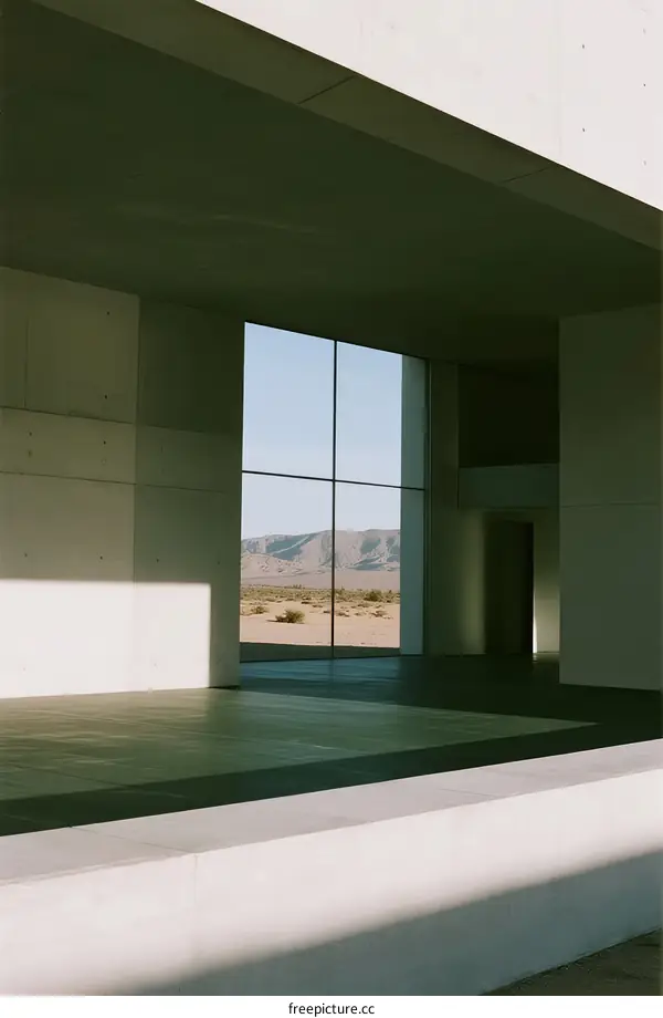 Modern minimalist architecture with large glass windows overlooking the desert