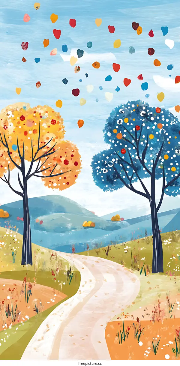 Autumn Landscape with Two Trees and a Winding Path