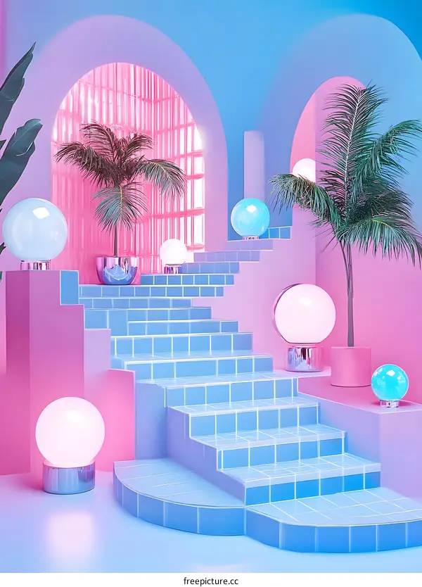 Pastel Blue and Pink Stairway With Tropical Plants