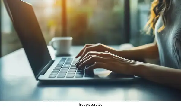 Woman Working on Laptop in Cafe
