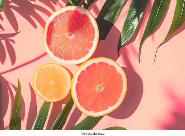 Tropical Fruits with Palm Leaves on Pink Background