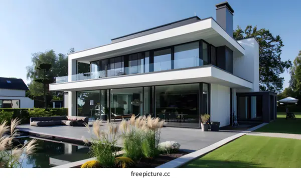 Modern House with a Pool and Lush Greenery