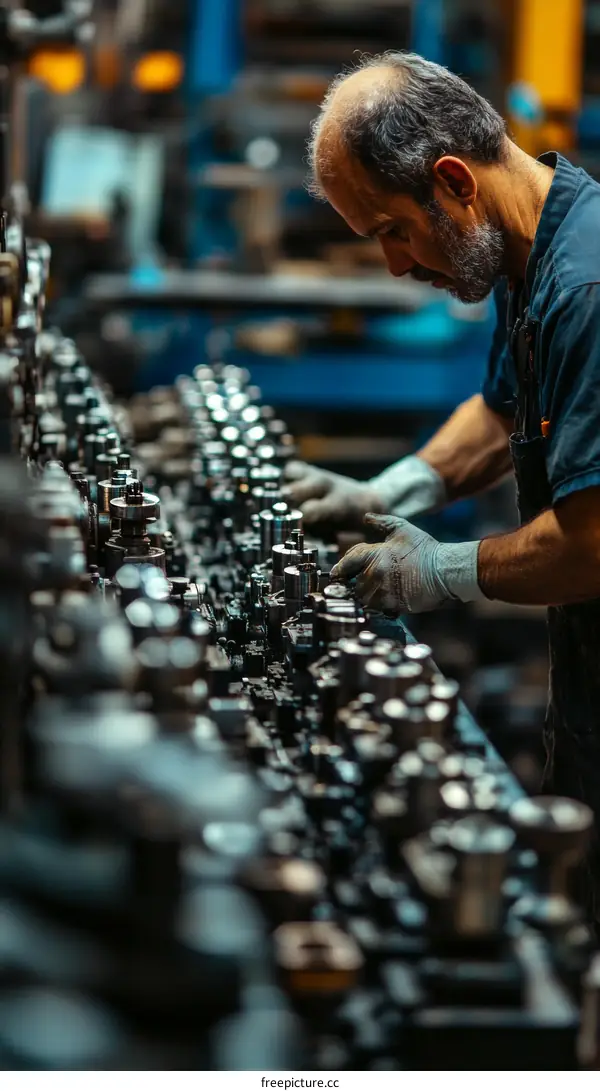 Factory Worker Inspecting Engine Parts