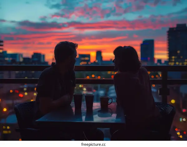 A couple is drinking coffee and watching the sunset from their balcony