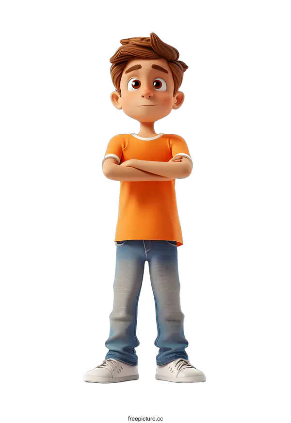 [Transparent Background PNG]Cartoon Boy with Orange Shirt and Blue Jeans Standing with Arms Crossed