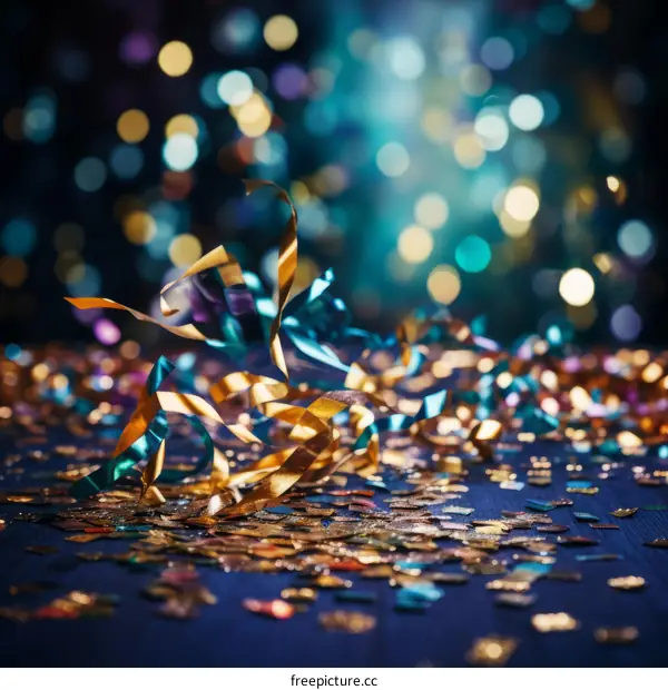 Colorful confetti and serpentine on a dark blue background